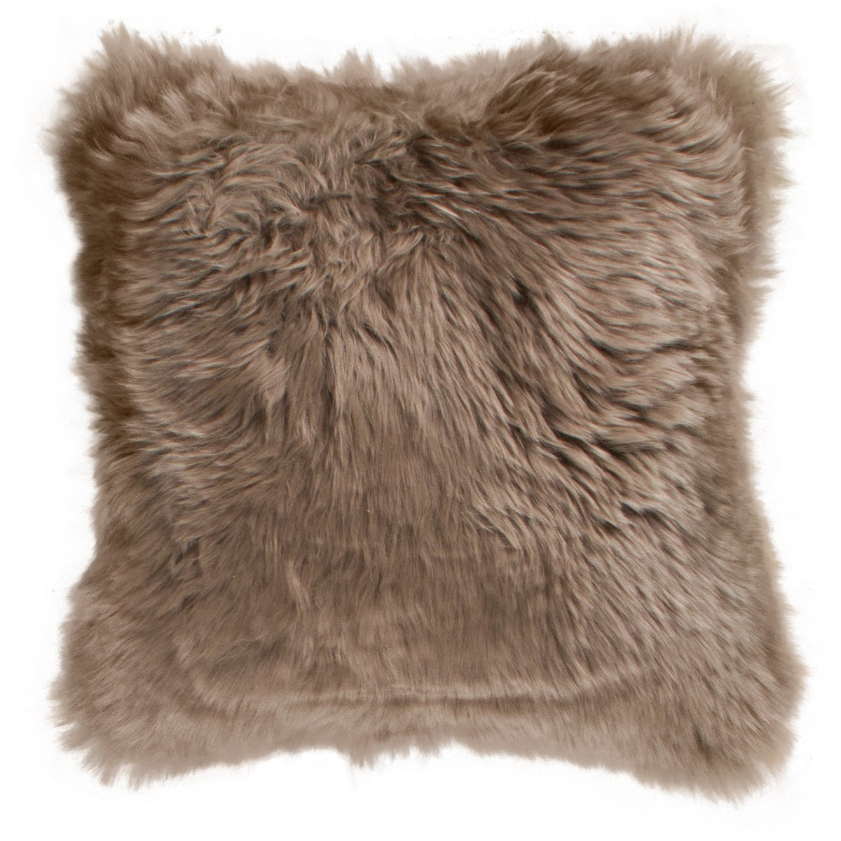 Housse de coussin en peau lainée de Nouvelle-Zélande taupe, carré 45x45 cm vu de face, laine épaisse taupe